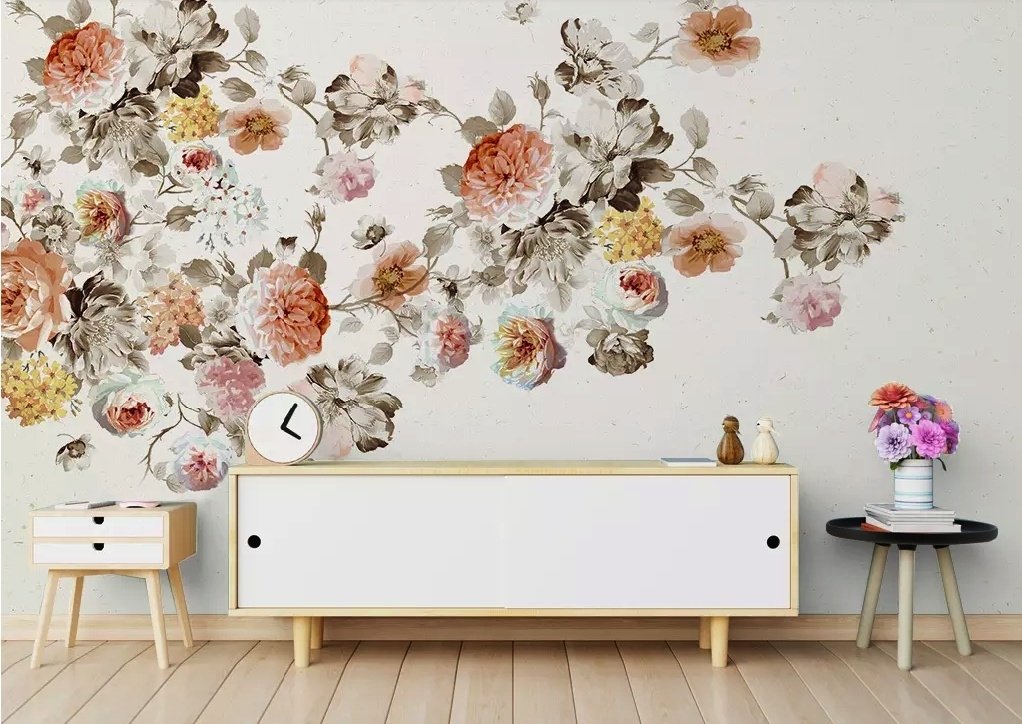 Vintage Orange Brown Flowers Wallpaper Mural - Peel and Stick