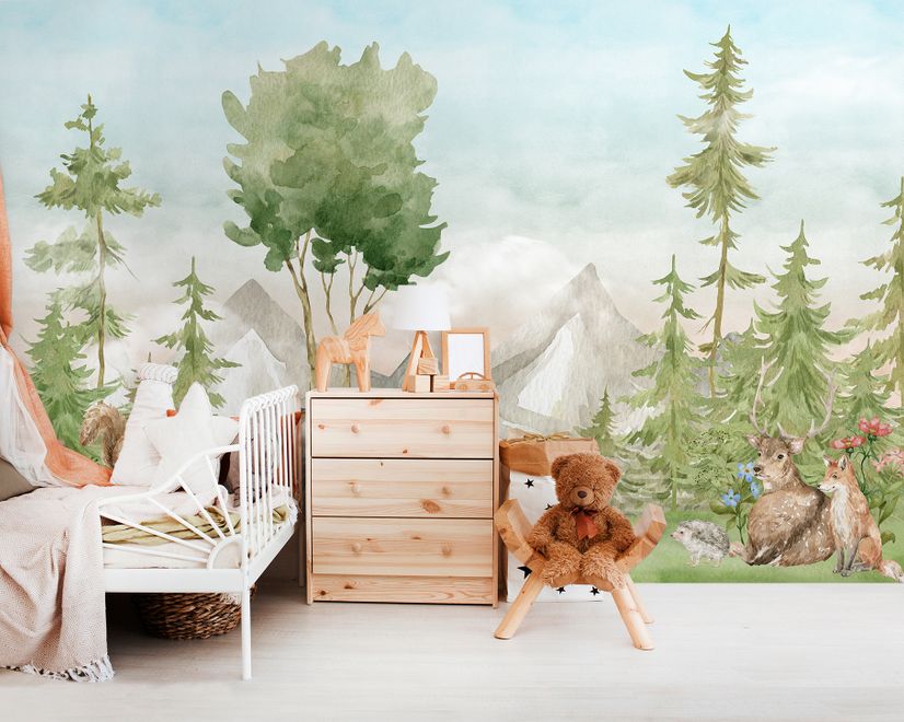 Papier peint forêt conifères aquarelle avec animaux pour enfants