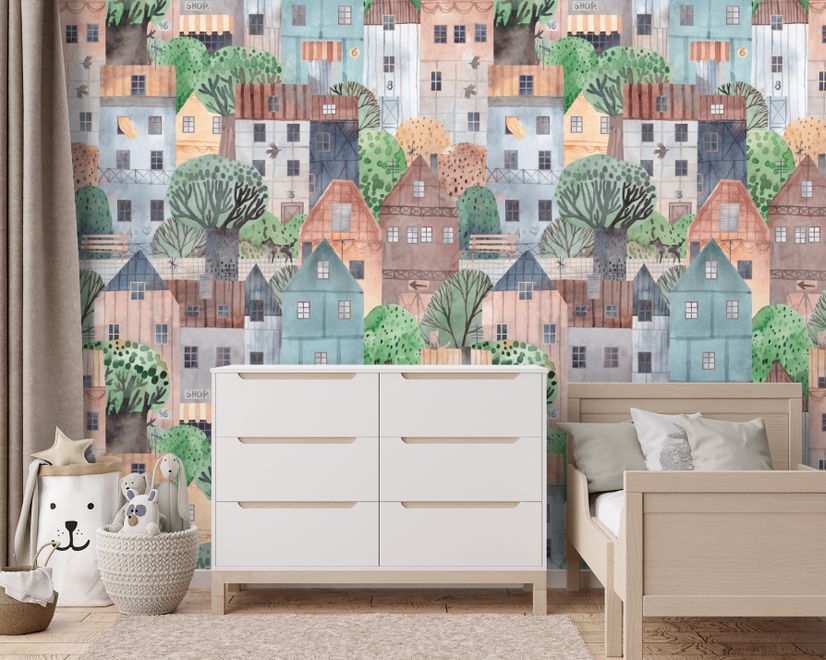 Kids Small Town Cute Watercolor House Wallpaper Mural