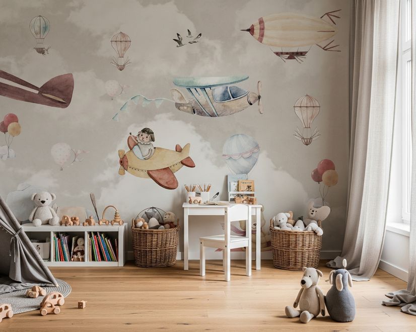 Nursery Cartoon Animals Flying with Aircraft Wallpaper Mural