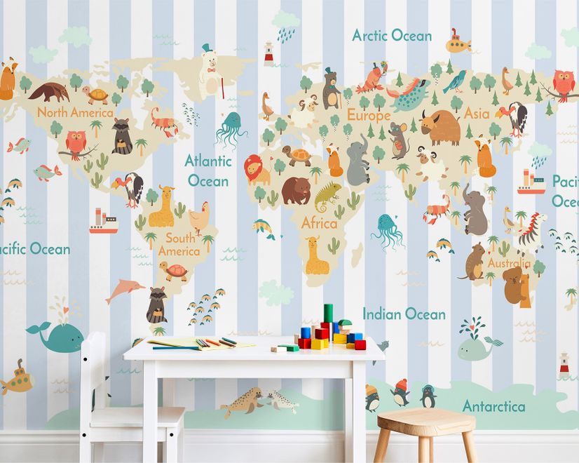 Papier peint panoramique carte monde animaux motif rayé enfants