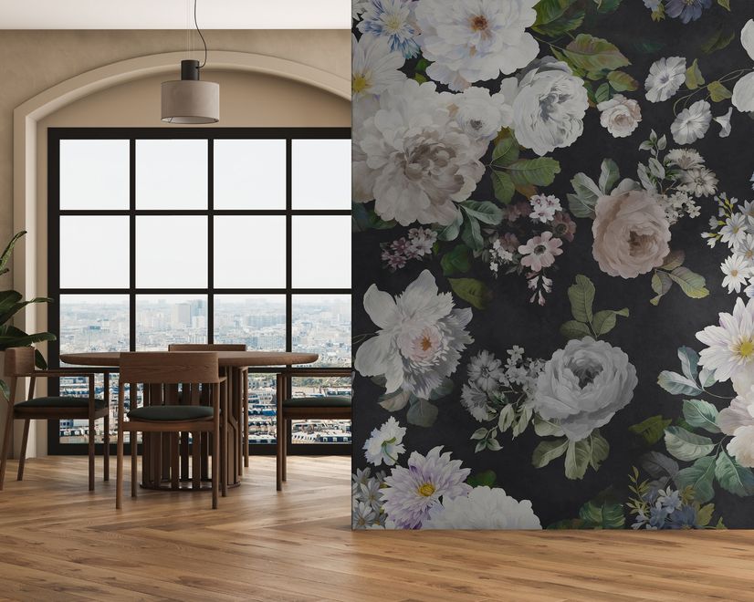 Dark Floral and White Peony Blossoms Wallpaper Mural