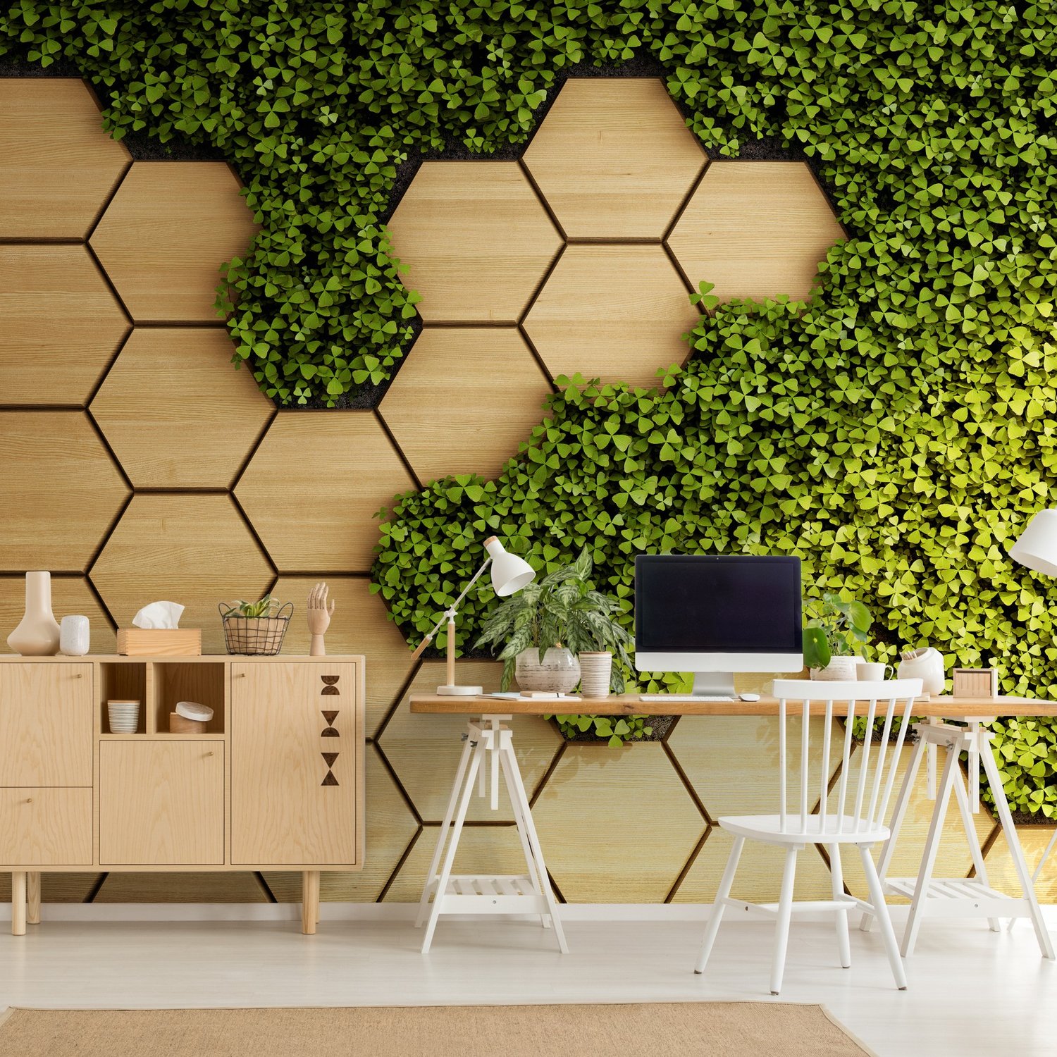 Hexagon Honeycomb Pattern and Fresh Grass Wallpaper Mural - Peel and Stick