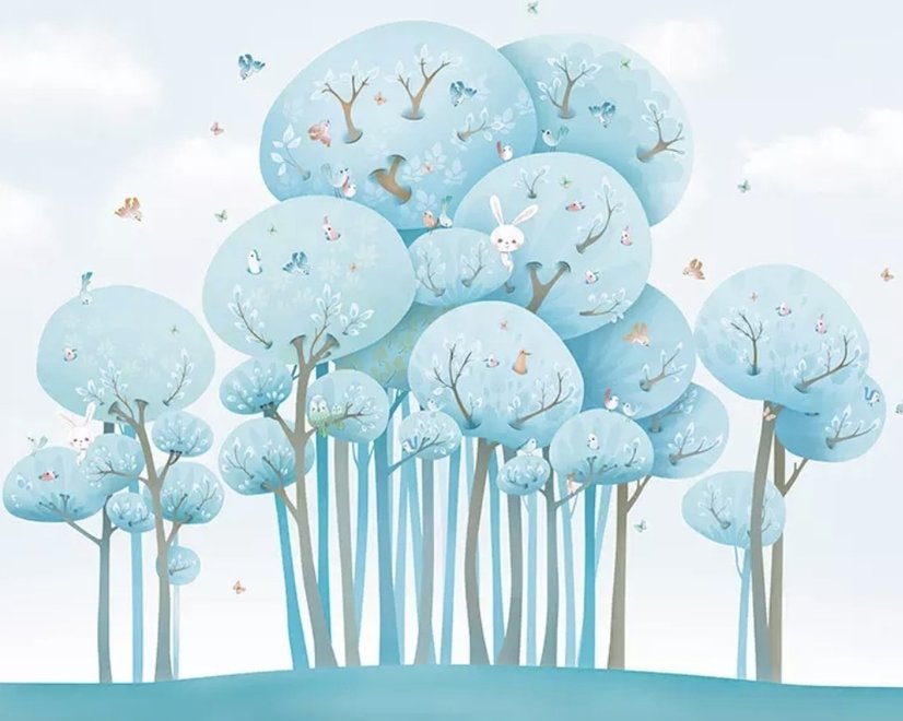 Watercolor Cartoon Blue Forest Landscape Wallpaper Mural