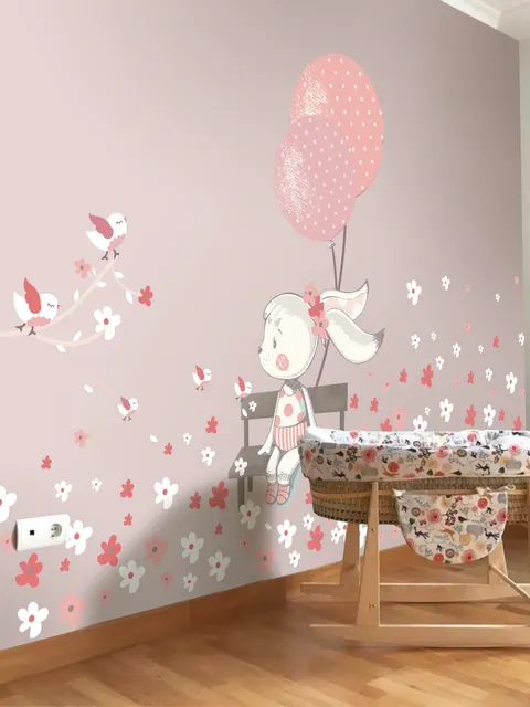 Cute Bunny with Pink Balloons and Little Flowers Wall Decal Sticker