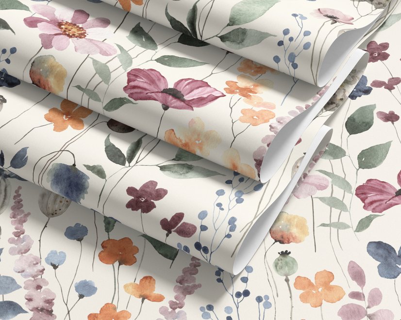 Watercolour floral wallpaper repeat with navy, blue, blush and peach wildflowers on warm cream