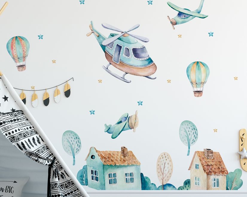 Kids Cartoon Village for Boys Watercolor Aircraft and Hot Air Balloon Wall Decal Sticker