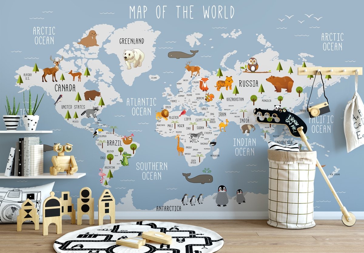 Kids World Map with Animals Wallpaper Mural - Peel and Stick