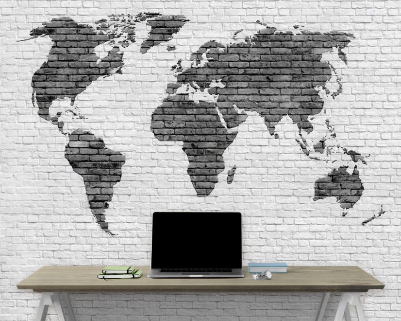 Black White Brick World Maps Wallpaper Mural