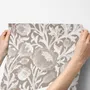 Greige botanical wallpaper with white watercolour flowers, buds, seed heads and acanthus leaves