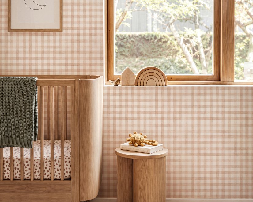 Soft brown wallpaper with pale beige gingham checks on a warm cream off-white ground