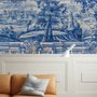 Blue Chinoiserie with Brush Tile Pattern Wallpaper Mural