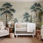 Vintage forest wallpaper mural with blue-grey trees, ivory blossom, red plants and toadstools around a misty path