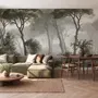 Forest in fog wallpaper with tall pine trees, grey mist, shrubs and a spiky palm in watercolour.