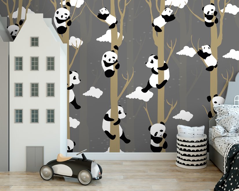 Cartoon-Pandas mit Baumzweigen Fototapete