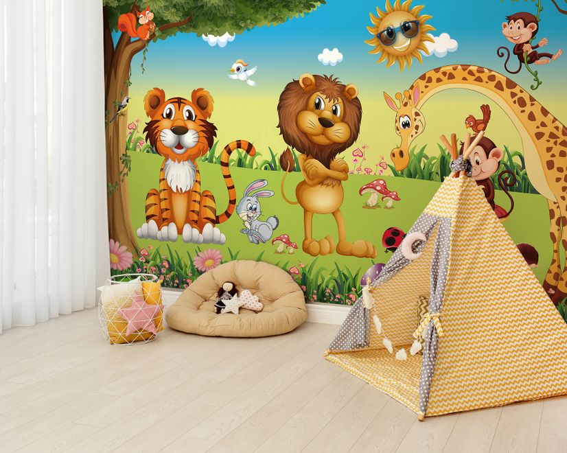 Papier peint panoramique roi lion et animaux sauvages 3D