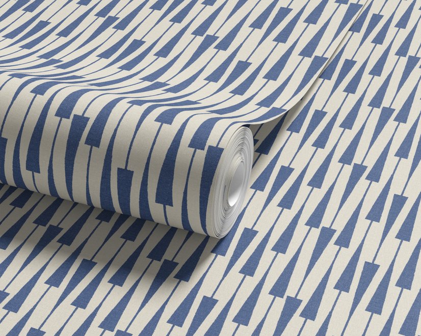 Cream colored wallpaper with denim blue geometric totem stripe repeat on a linen texture ground
