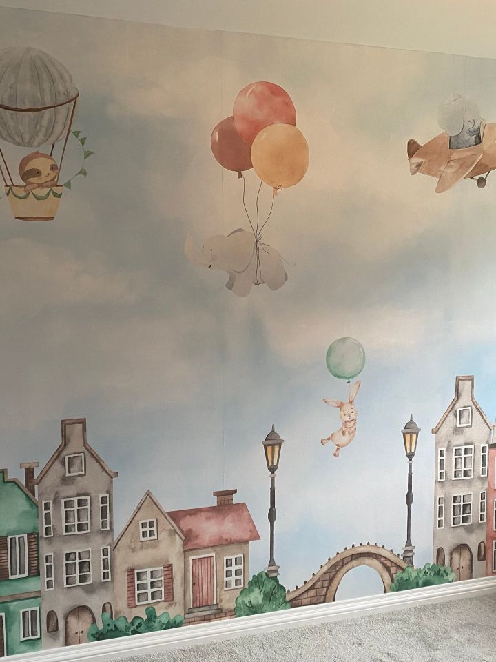 Watercolor Cute Houses with Flying Animals Wallpaper Mural for Kids