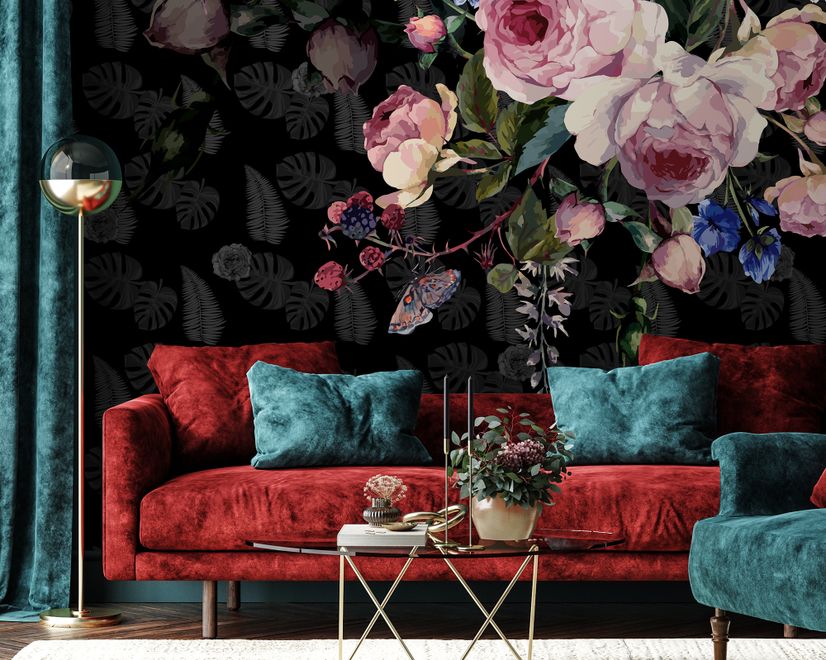 Dark Pink Flowers and Yellow Butterfly Wallpaper Mural