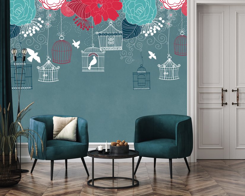 Papier peint panoramique oiseaux en cage et fleurs colorées