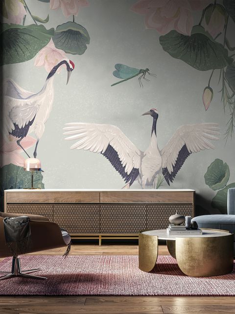Pink Lotus Flower and White Stork Wallpaper Mural