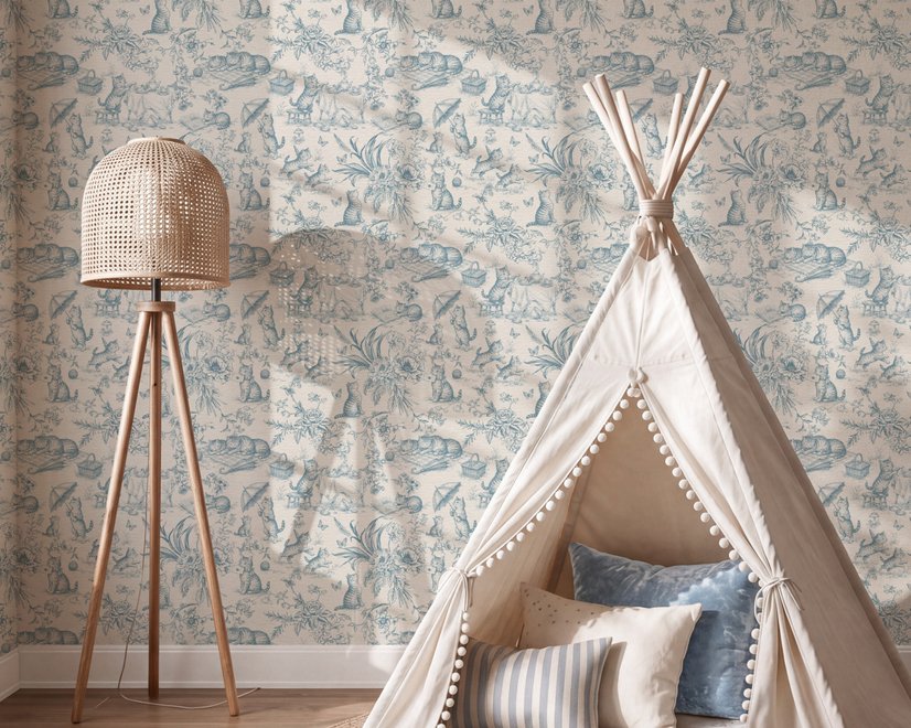Cute cats wallpaper with dusty blue toile kittens, roses and garden scenes on warm cream