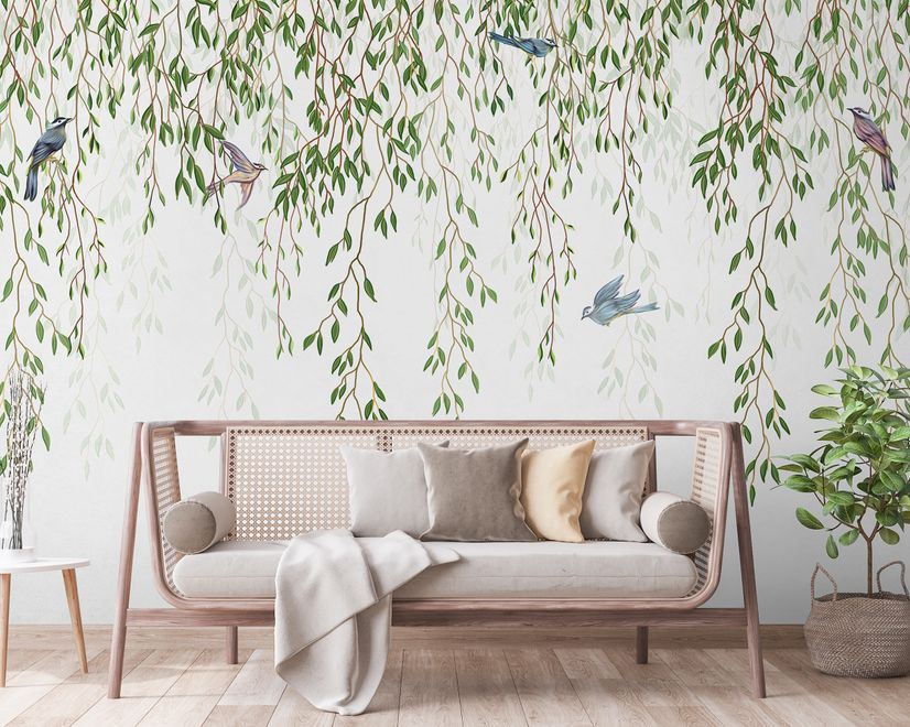 Green Hanging Leaves with Colorful Birds Wallpaper Mural