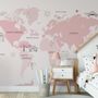 For Girls Pink Monochrome World Map Wallpaper Mural