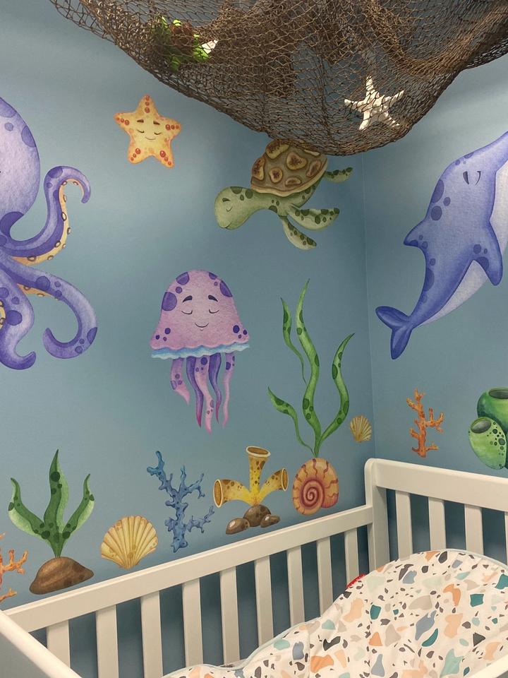 Kids Nursery Undersea Wall Decals Cute Whale with Sea Animals Wall Sticker