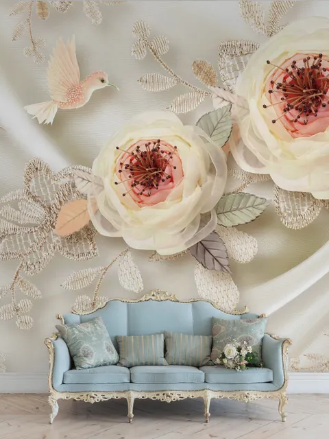 Soft Bloom Lace Bird Wallpaper Mural