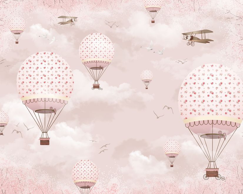 Papier peint panoramique du ciel rose des montgolfières et des avions pour les enfants et les filles