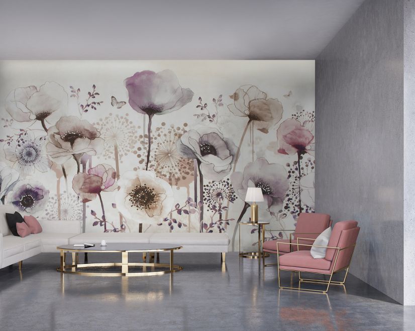 Watercolor Dark Poppy Flowers Wallpaper Mural