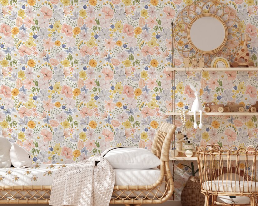 Spring floral wallpaper with pastel watercolour flowers and sage leaves on a clean white ground