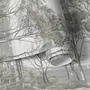 Coastal woodland wallpaper mural with grey trees, sandy path, sea horizon and small white sailboats