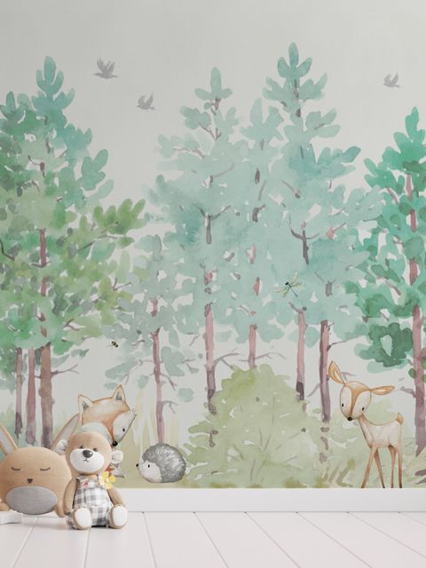 Papier peint forêt verte aquarelle renard hérisson élan mignons