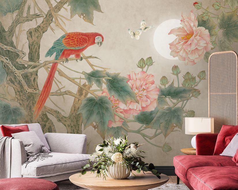 Nostalgic Peony Blossom and Parrot Wallpaper Mural
