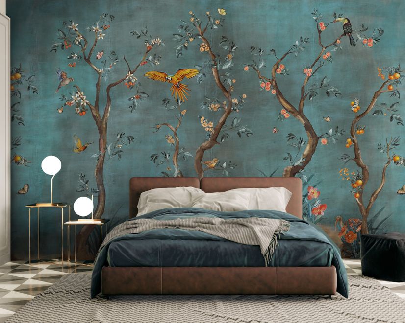 Watercolor Chinoiserie Fruit Trees Wallpaper Mural