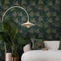 Dark green wallpaper with metallic antique-gold etched ginkgo leaves on a textured forest-green teal ground