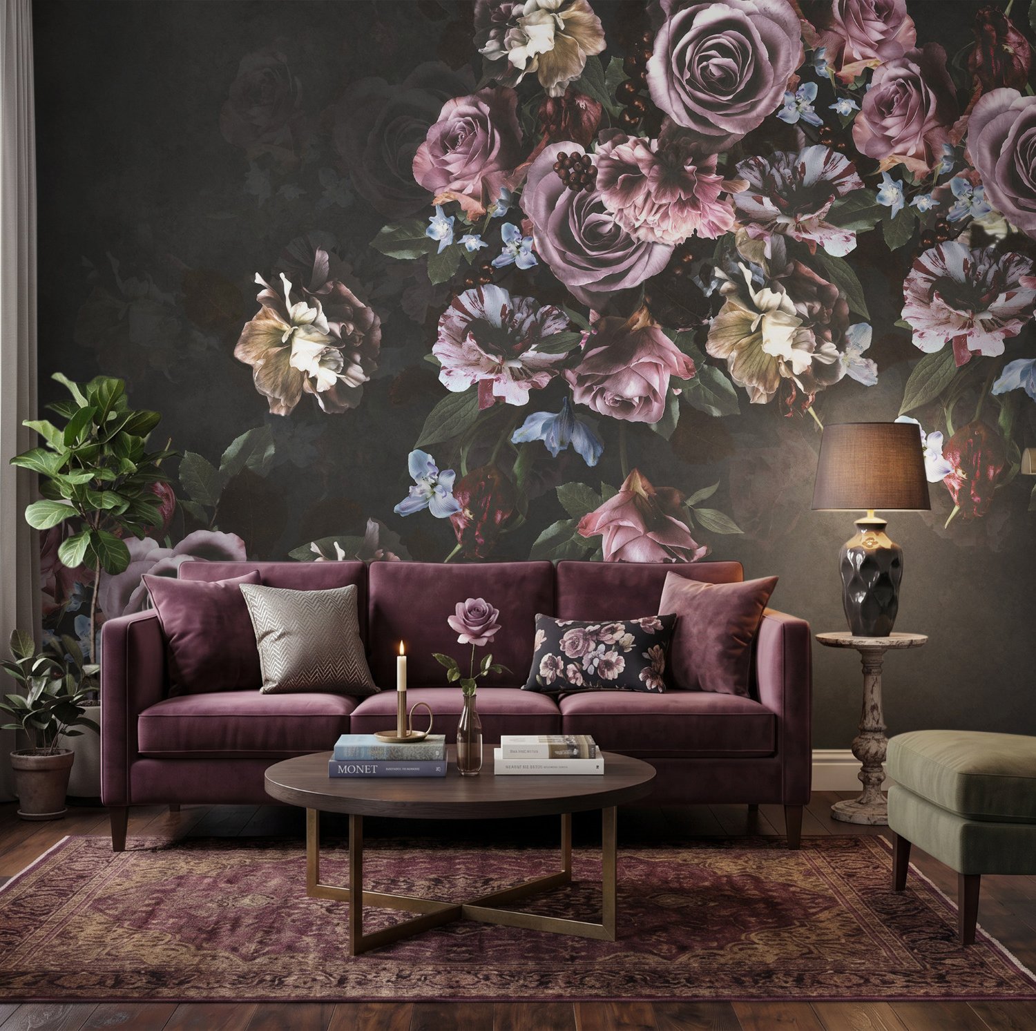 Dark Rose Floral Bouqet Wallpaper Mural - Peel and Stick