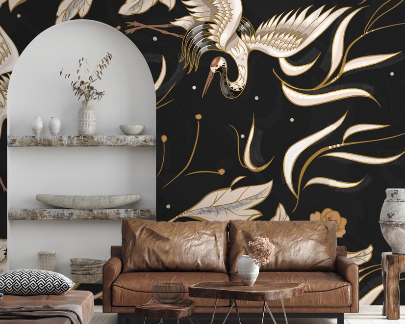 Dark Crane Birds and Brown Retro Florals Wallpaper Mural