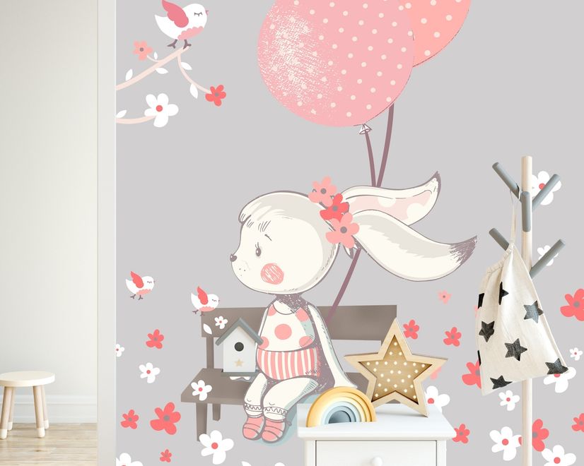 Cute Bunny with Pink Balloons and Little Flowers Wall Decal Sticker