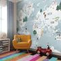 Kids Blue World Map with Cute Animals with Flying Elephant Wallpaper Mural