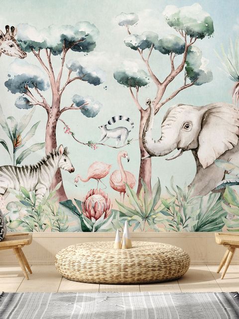 Papier peint animaux safari flamant rose forêt chambre bébé