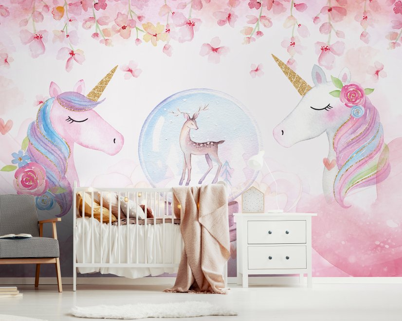 Papier peint licorne filles fleurs roses enfants