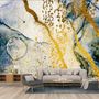 Dark Blue Ocean Brushes with Gold Style Waves Wallpaper Mural