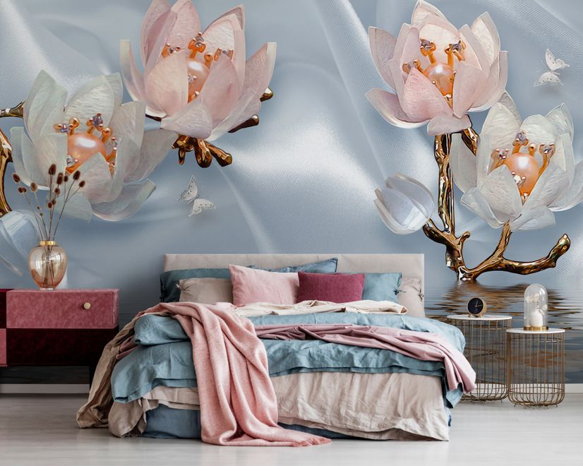 Pearl Lotus Flower and Little Butterfly Wallpaper Mural