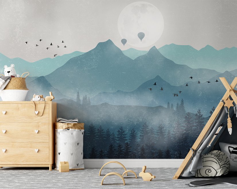 Papier peint paysage montagne brumeuse lune