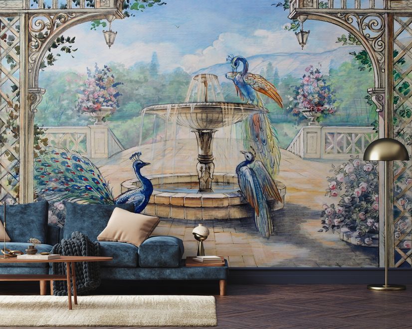 Gemälde Garten mit Brunnen, Pfau und Römischer Säule Fototapete