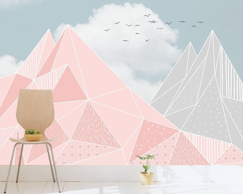 Pink Gray Polygonal Mountain Wallpaper Mural
