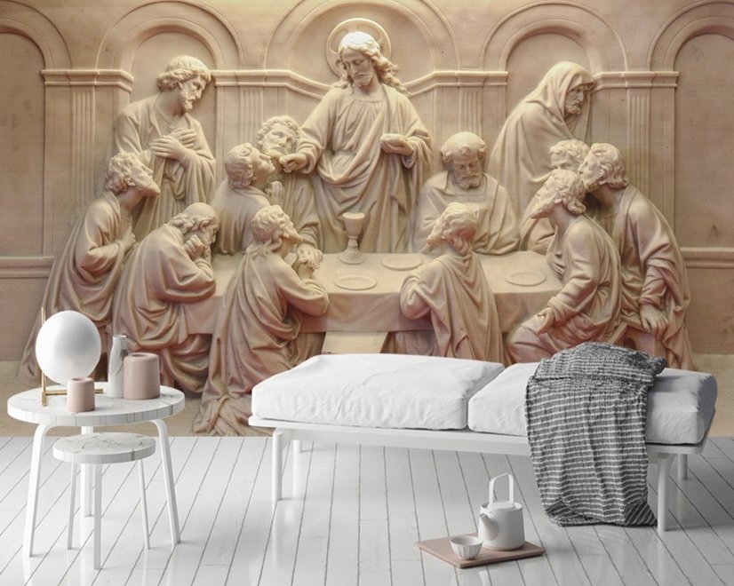 3D Embossed Look Cement Religious Sculpture Wallpaper Mural
